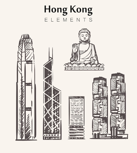 Vector set of hand-drawn hong kong buildings.hong kong elements sketch illustration. big buddha, international finance centre, bank of china, lippo tower's.