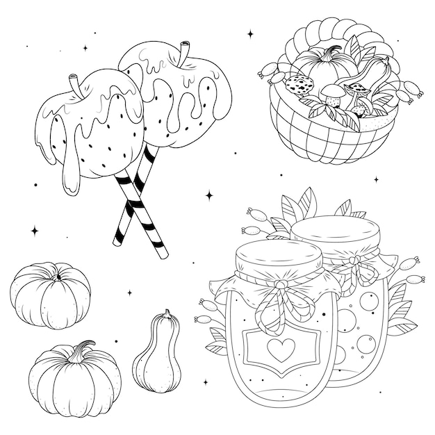 a set of hand-drawn illustrations of autumn vegetables and fruits, black and white autumn set