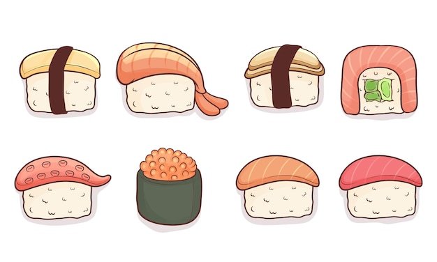 Set of hand drawn kawaii sushi