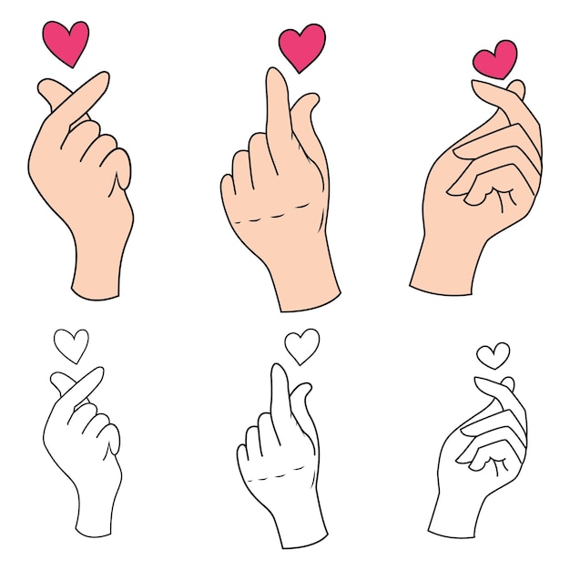 Vector set of hand drawn korean love sign hand gesture heart finger love symbol