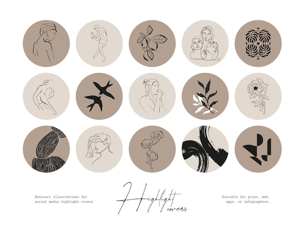 Set of hand drawn line art boho style vector illustrations for social media highlight story