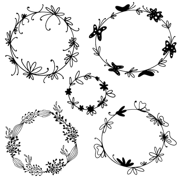 Set hand drawn round vector frames with flowers and leaves