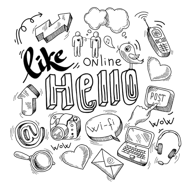 Vector set of hand-drawn social media items