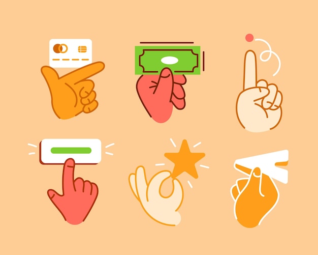 Vector set of hand gestures and actions holds a bank card holds a banknote presses a button