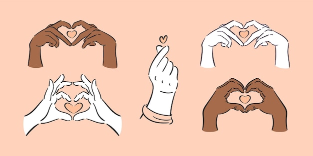 Vector set of hand gestures finger heart happy valentines day gesture depicting love peach fuzz