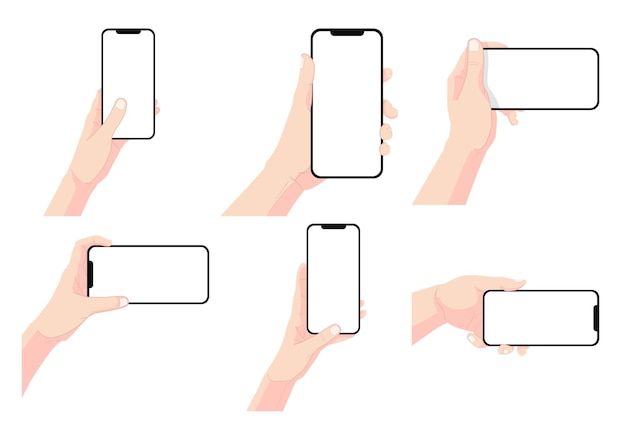 Vector set of hand holding smartphone with blank screen