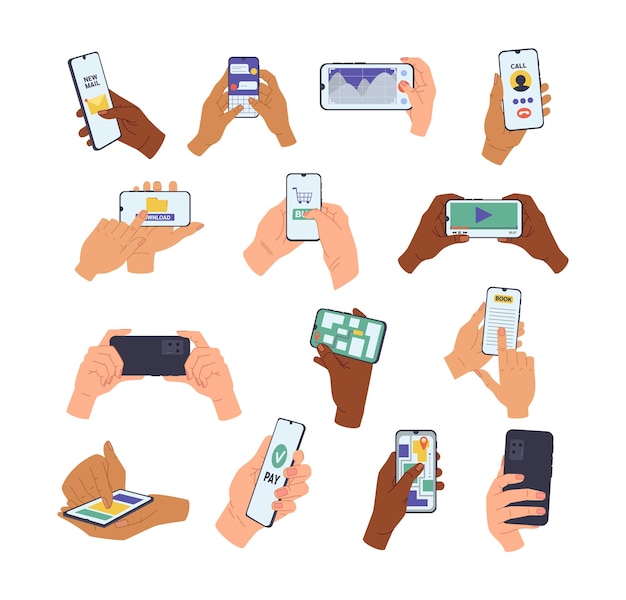 Set of hands holding smartphones with different apps