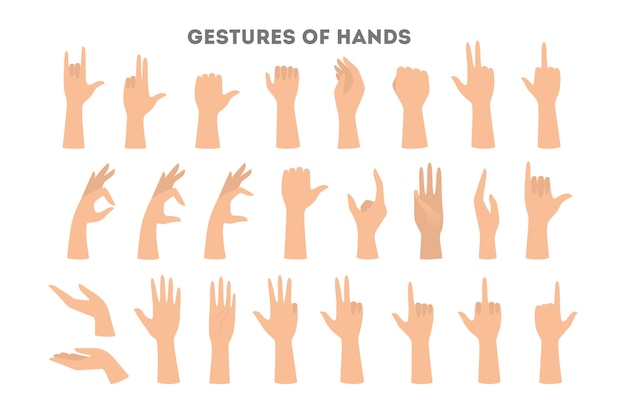 Set of hands showing different gestures. Palm pointing at something.    illustration