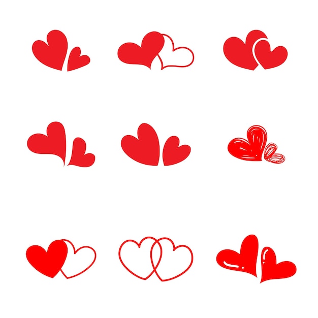 Vector set of heart couple red hand drawn