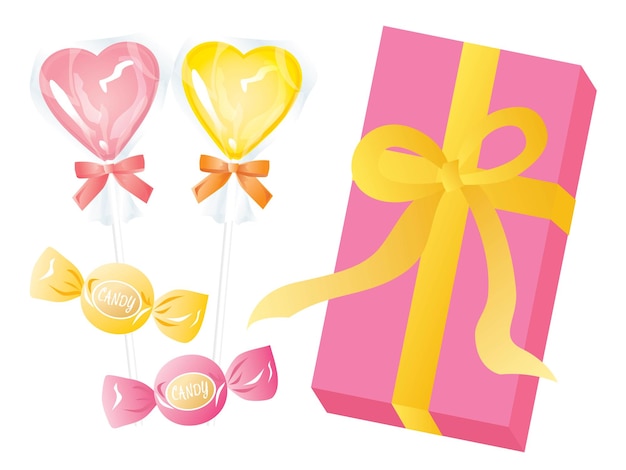 Set of heart shaped candy and the box with ribbon