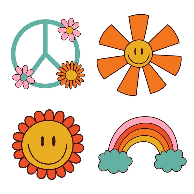 Vector set hippie illustraties. jaren 70 stijl. vector illustratie