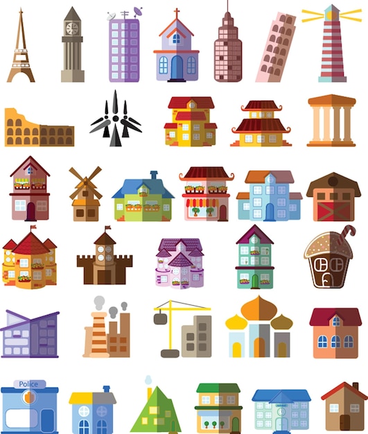 Set houses buildings and architecture variations in flat style design with long shadow modern city a