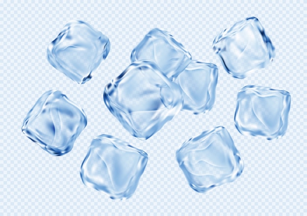 Vector set of ice transparent clear cubes isolated