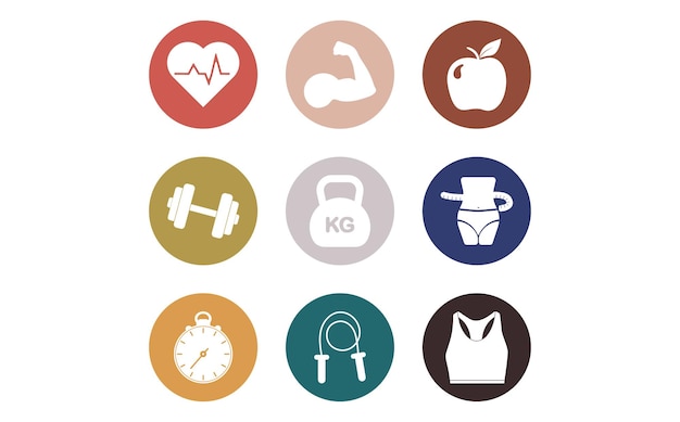 Vector a set of icons for a fitness club including a weight and weight scale.