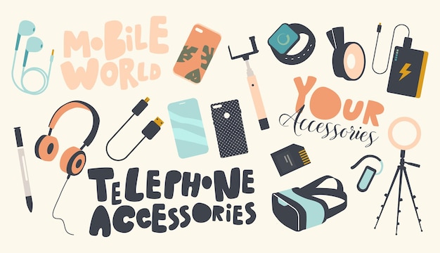 Vector set of icons phone accessories theme. modern digital devices and gadgets tripod for smartphone, usb charger, memory card, stilus for mobile phone, headphones or vr goggles. cartoon vector illustration