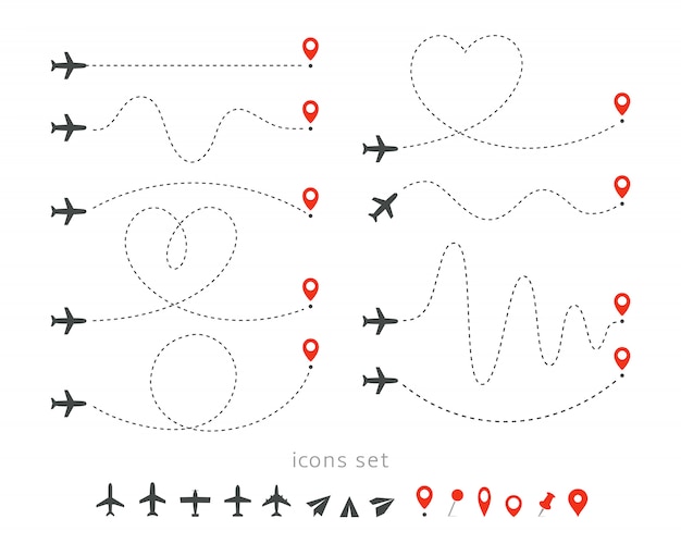 Set icons of travel way by plane. Takeoff and landing of a passenger plane. Flight route infographic elements. 