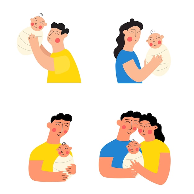 Set of icons vector illustrations Parents with newborn child