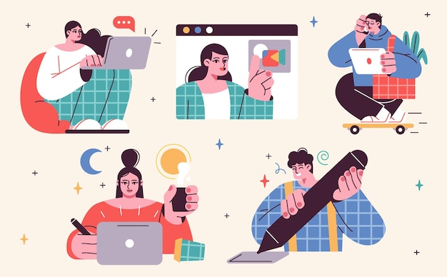 Vector set of illustrations about remote work and freelance freelancers at work