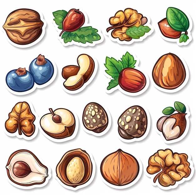 Vector a set of images of different types of nuts including one with a leaf and the other with a green leaf