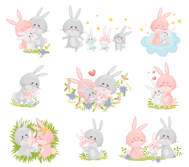 Set of images of a family of rabbits