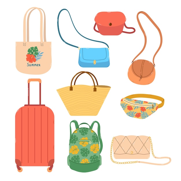 Vector set isolated summer bags suitcase straw bag waist bag backpack handle bag in flat style