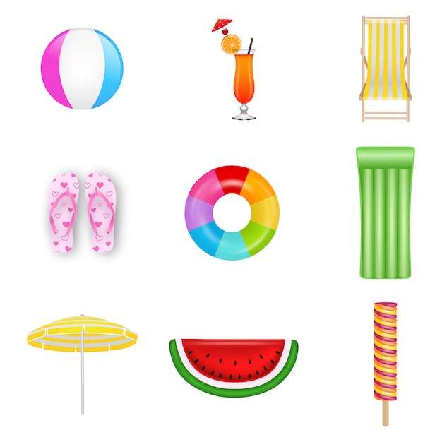 Set of isolated summer elements. Beach ball, cocktail, deck chair, flip flop shoes, rubber ring, inflatable mattress, beach umbrella, watermelon mattres and ice cream