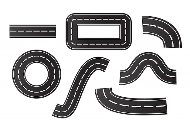  set of  isometric asphalt roads on the white background. Concept of logistics, journey, delivery and transportation.