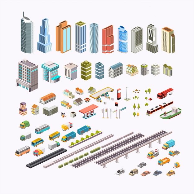 Set isometric city building, transportation, houses and public area vector illustration