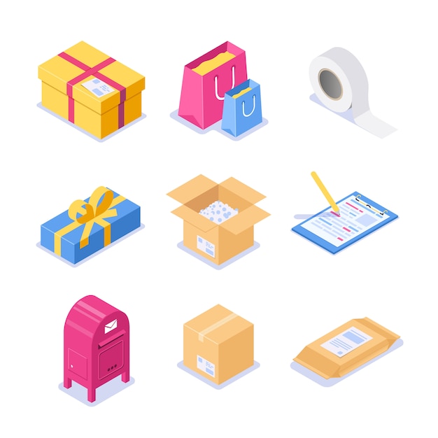 Vector set of isometric objects on the topic of mail. paper boxes with a letterhead and scotch for packaging. festive packaging with a bow for a gift