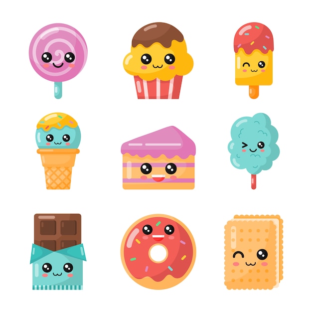 set of kawaii cartoon dessert. sweet candy isolated