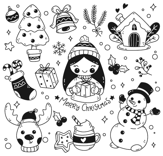 Set of Kawaii Christmas Doodles Vector