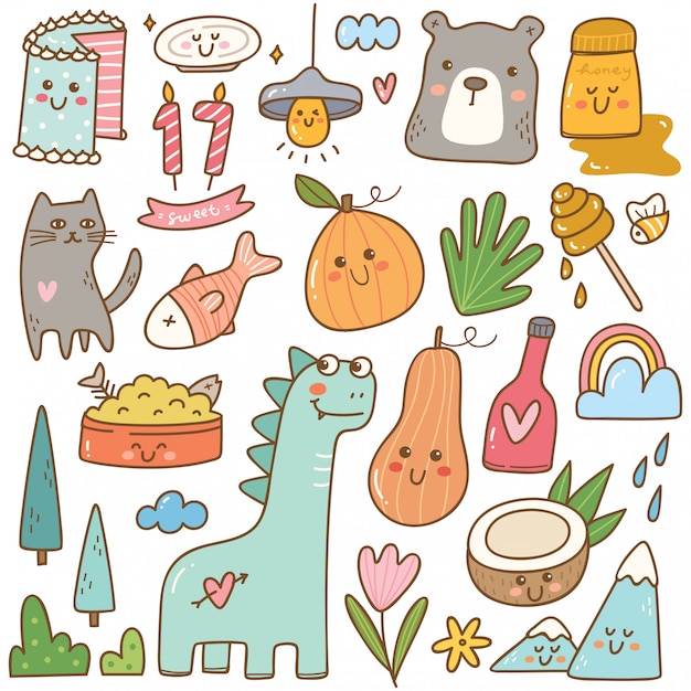 Vector set of kawaii doodles isolated on white