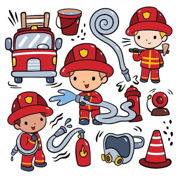 Set of Kawaii Hand Drawn Fire Fighter Doodle Vector Clip Art