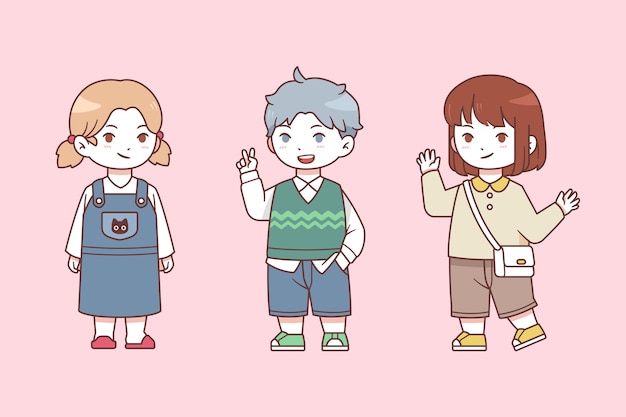Vector set of kawaii japanese kids