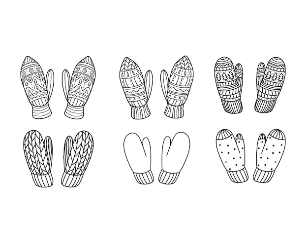 Vector set of knitted mittens in doodle style