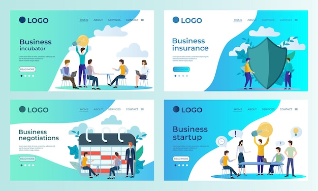 Vector a set of landing page templatesbusiness incubator business insurance business negotiations