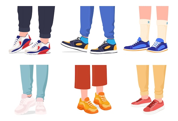 A set of legs wearing sneakers Modern fashionable comfortable shoes Vector illustration