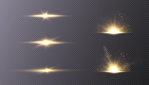 Vector set of light effects golden glowing light isolated on transparent background. solar flare with rays