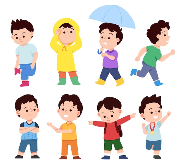 Vector set of little boys various poses and emotions in cartoon charactor isolated on white background vector illustration