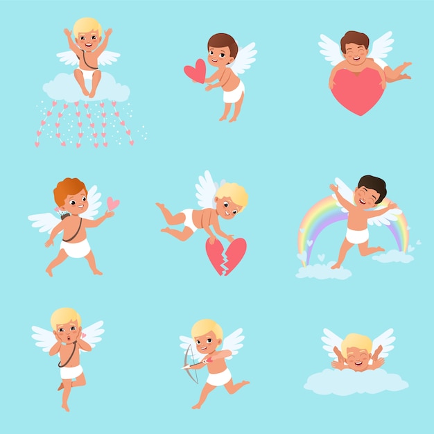 Set of little cupids in different actions.