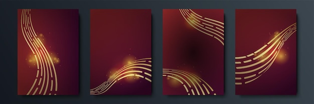 Vector set of luxury geometric cover design or greeting card templates with golden shiny elements on red background. suit for social media post, mobile apps, banner design and web or internet ads