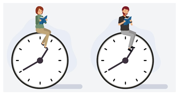 Vector set of man and woman reading a book on clock. free time concept.flat vector 2d cartoon character illustration.