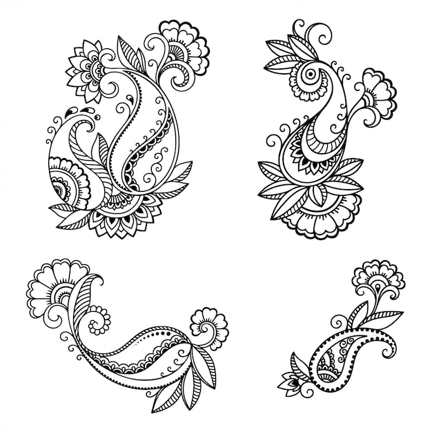 Vector set of mehndi flower pattern for henna drawing. decoration in ethnic oriental, indian style. doodle ornament. outline hand draw.