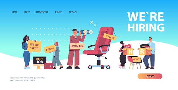 Vector set mix race hr managers holding we are hiring join us posters vacancy open recruitment human resources concept horizontal full length copy space vector illustration