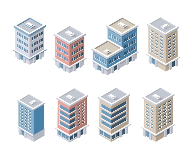 Vector set of modern isometric buildings and plants for sites and games