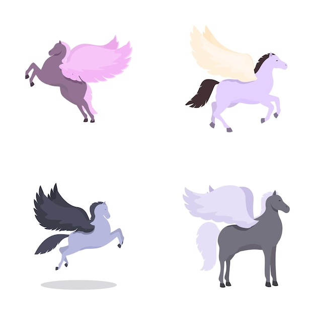 Vector set of mythical pegasus horses in various poses