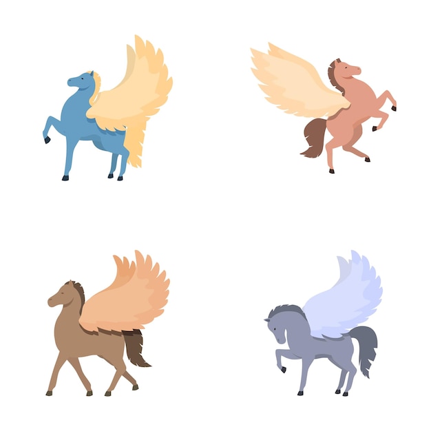 Vector set of mythical pegasus illustrations in various colors