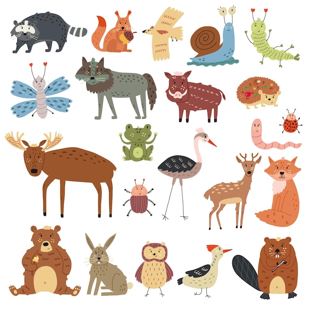 Vector set naive woodland forest animals. forest clipart hand drawn creatures in vector illustration