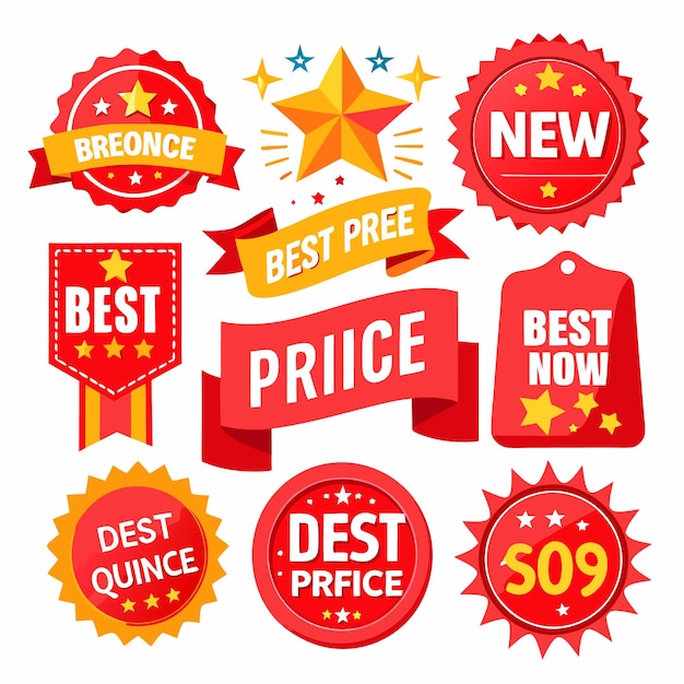 Vector set of nine colorful badges labels and banners with stars ribbons and text in red yellow and white on a white background