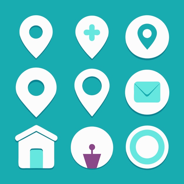 Set of nine flat icons with different symbols for location home message and more on a turquoise background